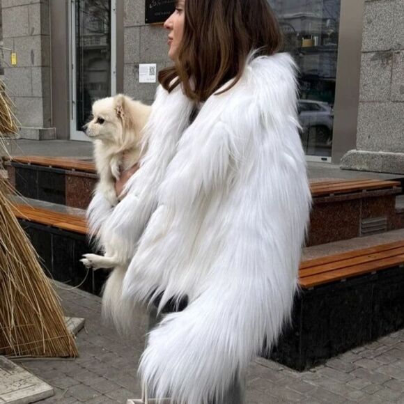 Zara Faux Fur Cardigan Lapel Collar Jacket White Nwt - Picture 9 of 16